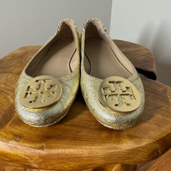 Tory Burch Logo Spark Gold Minnie Travel Leather Ballet Flats 5.5M - Picture 2 of 12